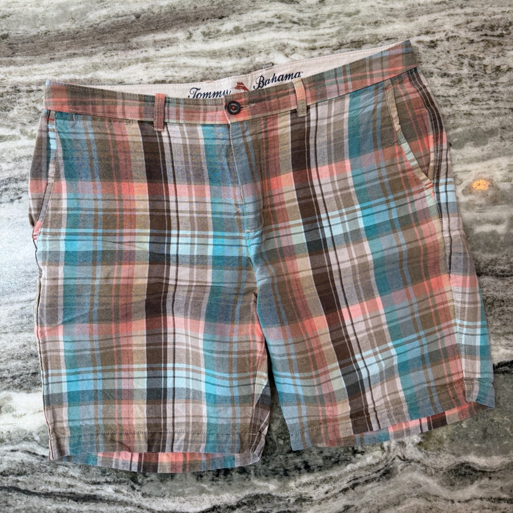 Tommy Bahama Linen Blue and Brown Plaid Men's Shorts